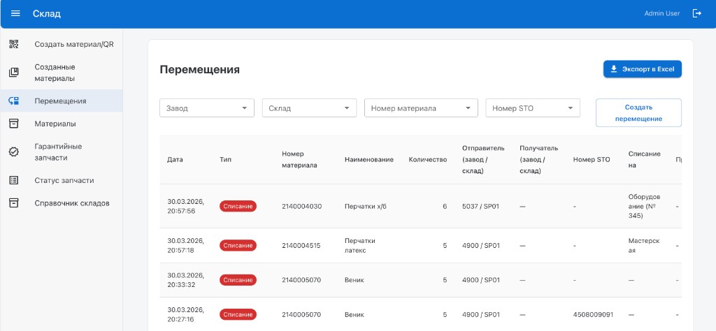 Журнал перемещений: списание на мастерскую или оборудование